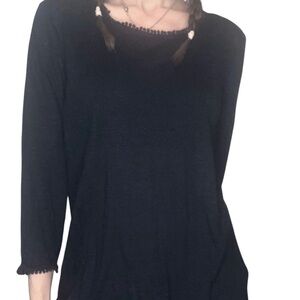 J. Jill Love Linen Sz L Navy Blouse Top 3/4 Sleeve Bobble Trim Office Casual